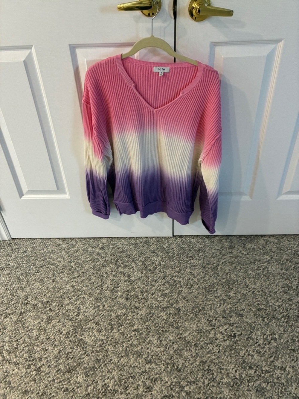 Fate Pink, Cream & Purple Ombre Ribbed V-Neck Sweater
